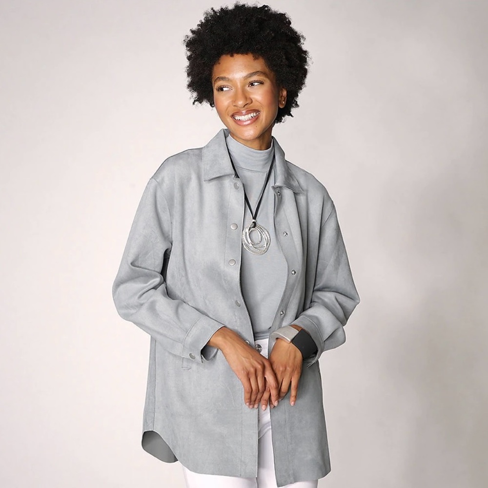 WYNNE LAYERS Faux Suede Shirt Jacket NEW StretchGrey Button Down Long Sleeve